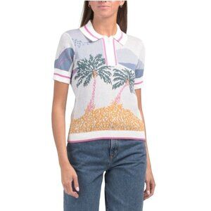 Cynthia Rowley Trending Polo Collar Palm Tree Short Sleeve Sweater Size XL